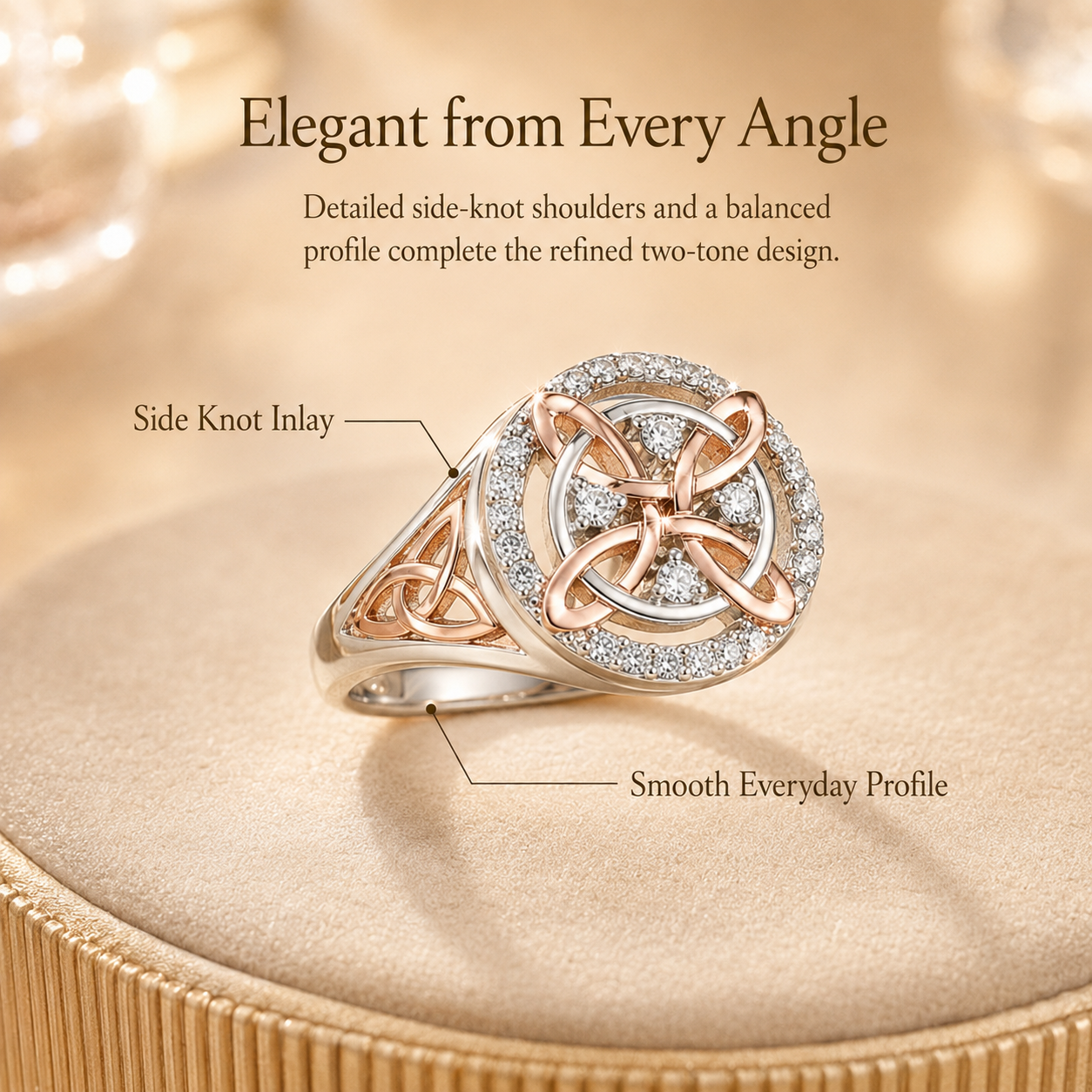 Two-Tone Celtic Knot Ring | Rose Gold & Silver Statement Ring with Sparkling Halo