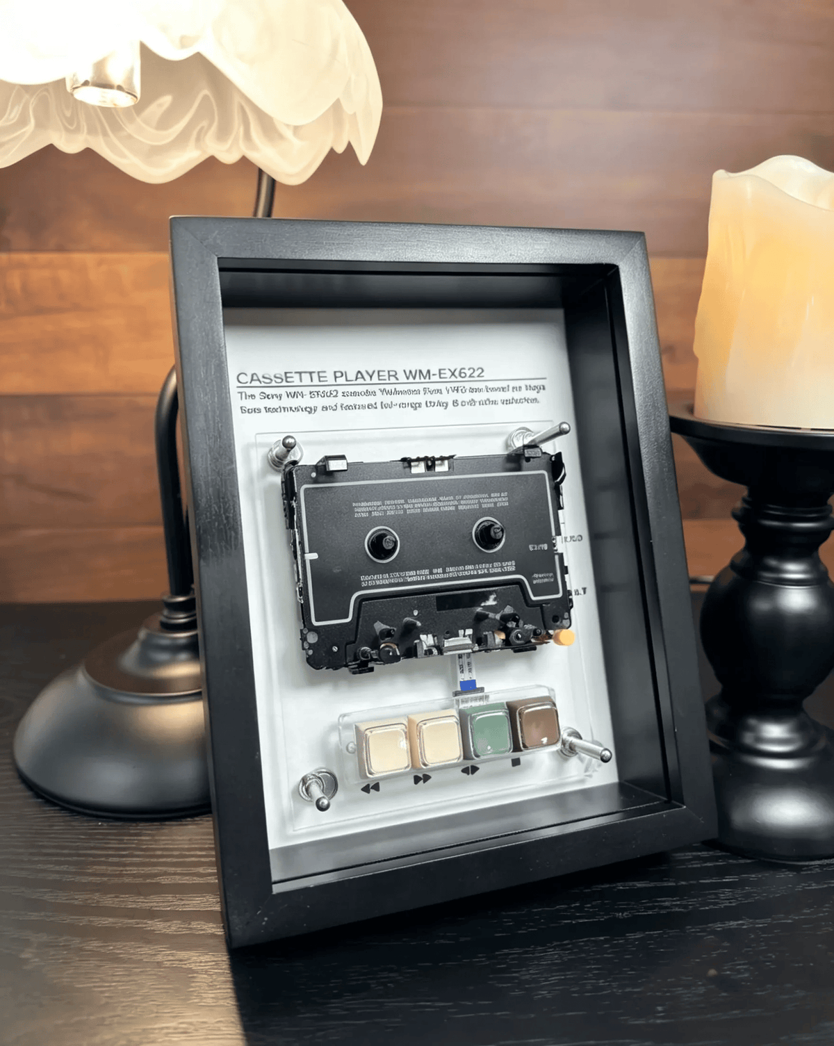 Vintage Cassette Player Frame with Functional Tape Playback & Retro Wall Art Design