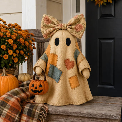 🍂 Vintage Patchwork Light-Up Ghost with Glowing Pumpkin Pail