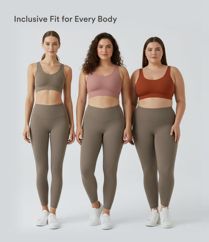 Three models of different body types wearing Celeste L'Amour Dawn Brown high-waisted leggings