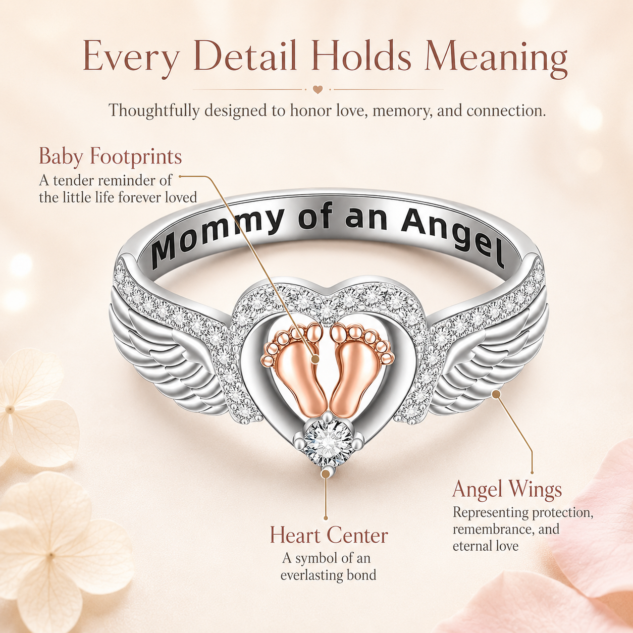 Mommy of an Angel Ring – Angel Wings & Baby Footprints Memorial Keepsake