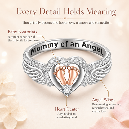 Mommy of an Angel Ring – Angel Wings & Baby Footprints Memorial Keepsake