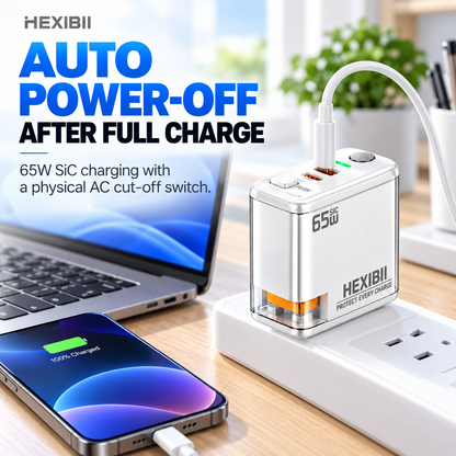 ⚡ 65W SiC Smart Auto Power-Off Charger – USB-C + USB-A Fast Charging with Physical Cut-Off