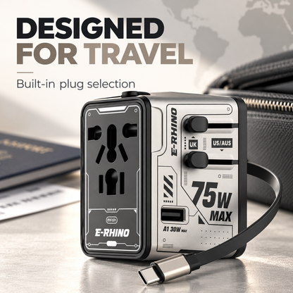 ⚡ 75W MAX All-in-One Travel Adapter – 5-Port Charging Hub with Built-In USB-C Cable 🌍🔌