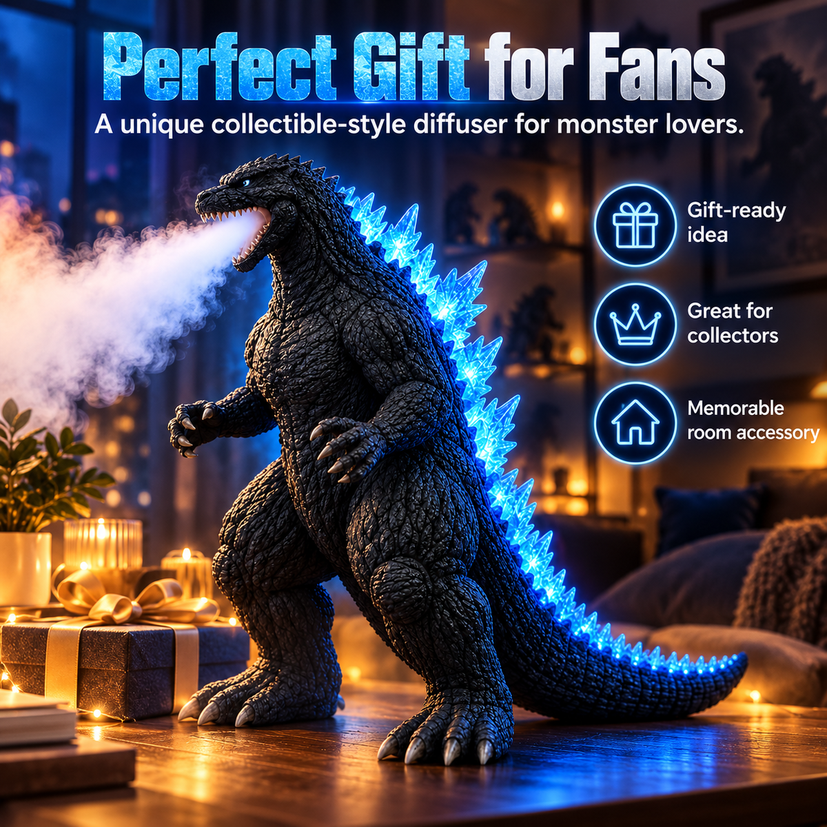 🌊💙 Kaiju Mist Diffuser Humidifier – Cool Mist, Blue LED Glow & Remote Control