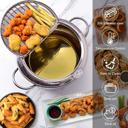 🍤Deep Fryer Pot with Oil Drop Tray Basket and Oil Thermometer, 304 Stainless Steel, Japanese-Style