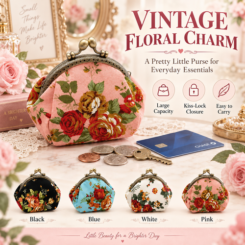 Vintage Floral Kiss-Lock Coin Purse – Compact Pouch for Cards, Coins, Keys & Small Essentials