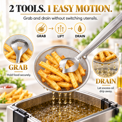 2-in-1 Spider Strainer Tongs – Stainless Steel Frying & Draining Tool