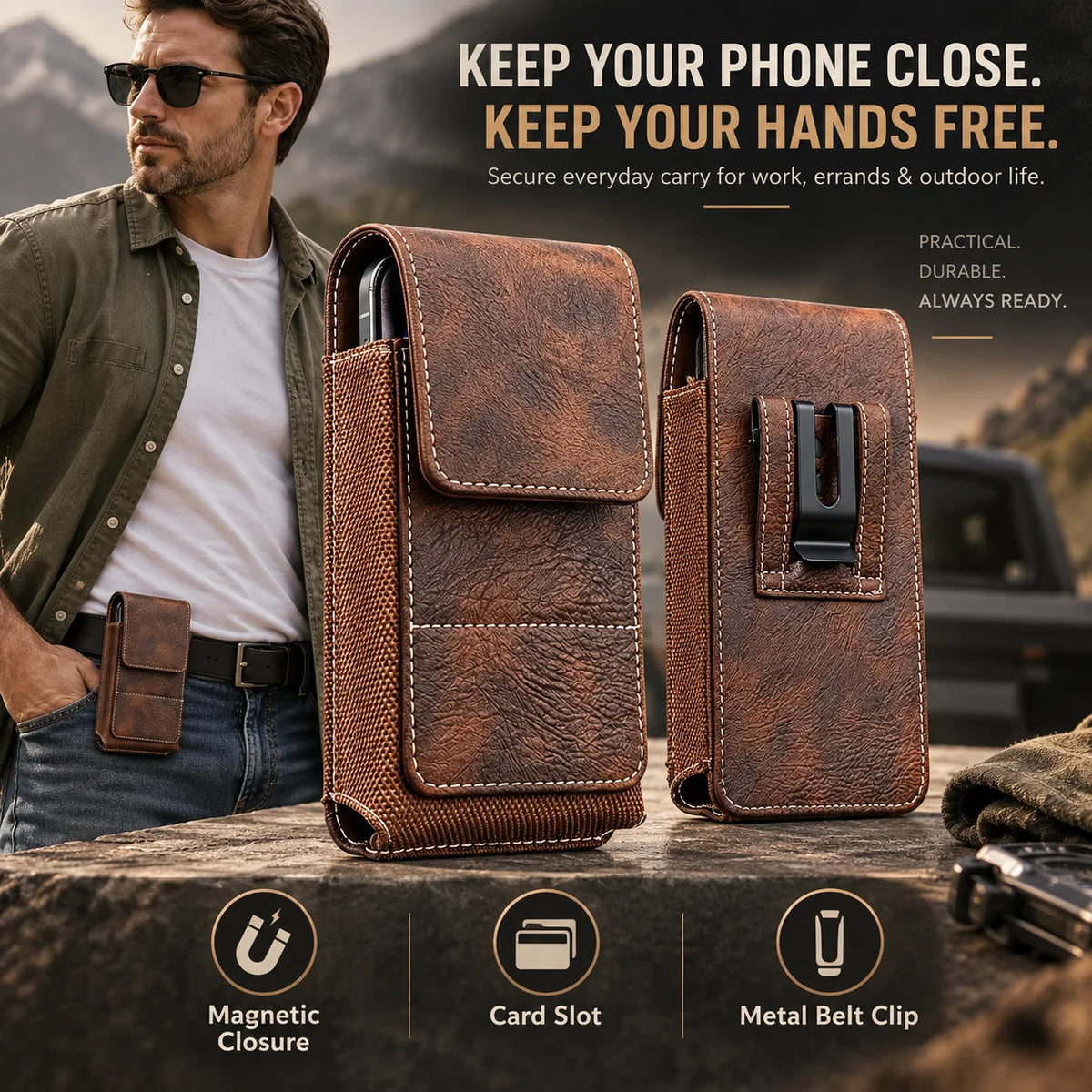 🔥 Early Black Friday Deal –Men’s Waist Phone Pouch with Magnetic Closure, Card Slot & Metal Belt Clip