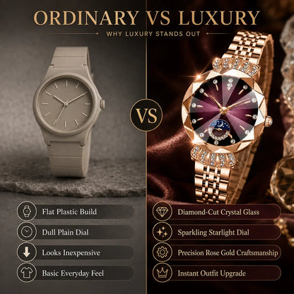 👑 Luxurious Rose Gold Crystal Quartz Watch – Diamond Cut Vintage Wristwatch✨