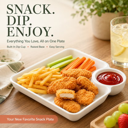 Snack & Dip Serving Plate – Built-In Sauce Cup, Raised Base & Easy-Stack Design
