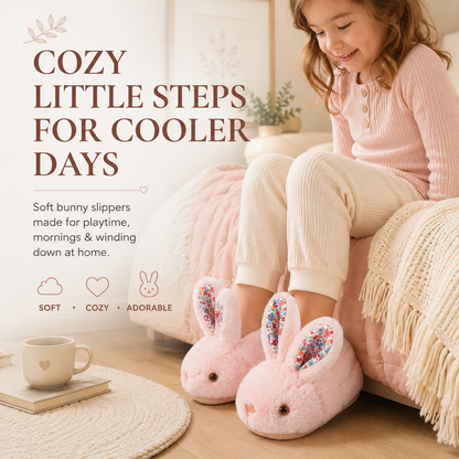 ✨ Cozy Bunny House Slippers for Kids – Plush 3D Ears, Floral Details & Textured Indoor Sole 🐰💗