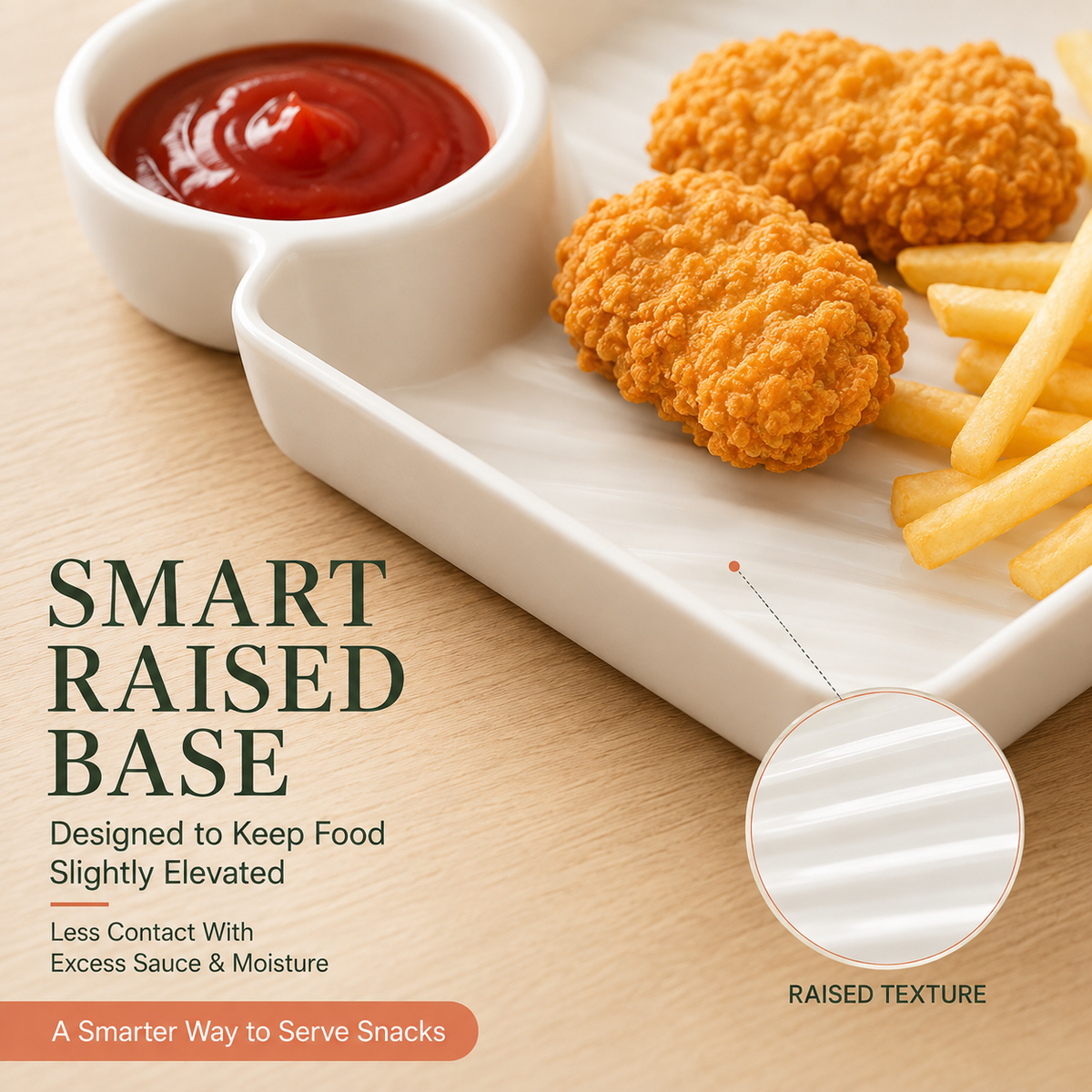 Snack & Dip Serving Plate – Built-In Sauce Cup, Raised Base & Easy-Stack Design