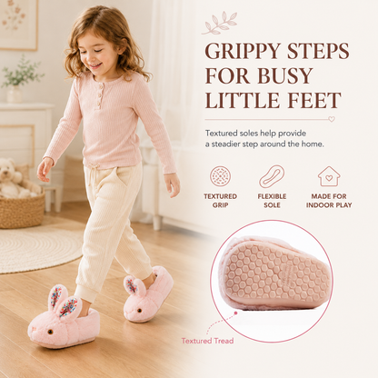 ✨ Cozy Bunny House Slippers for Kids – Plush 3D Ears, Floral Details & Textured Indoor Sole 🐰💗
