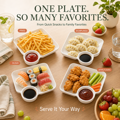 Snack & Dip Serving Plate – Built-In Sauce Cup, Raised Base & Easy-Stack Design
