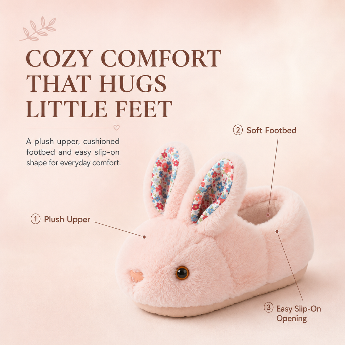 ✨ Cozy Bunny House Slippers for Kids – Plush 3D Ears, Floral Details & Textured Indoor Sole 🐰💗