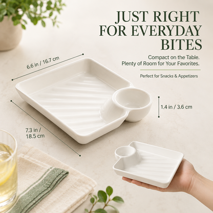 Snack & Dip Serving Plate – Built-In Sauce Cup, Raised Base & Easy-Stack Design