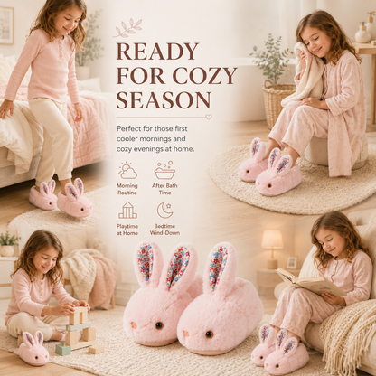 ✨ Cozy Bunny House Slippers for Kids – Plush 3D Ears, Floral Details & Textured Indoor Sole 🐰💗