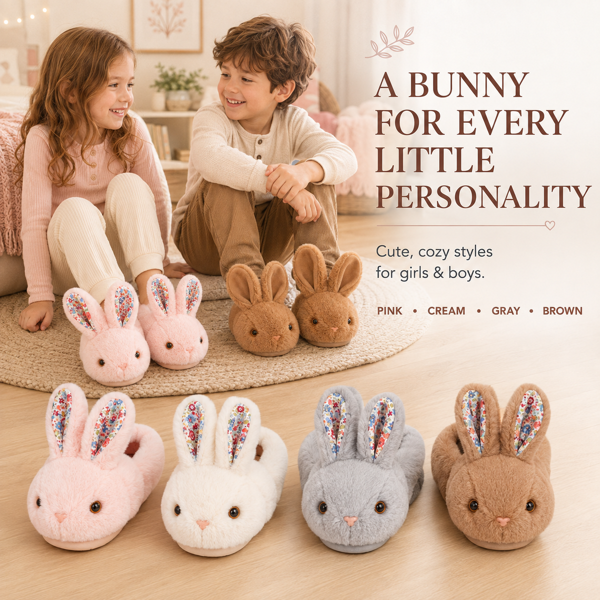 ✨ Cozy Bunny House Slippers for Kids – Plush 3D Ears, Floral Details & Textured Indoor Sole 🐰💗