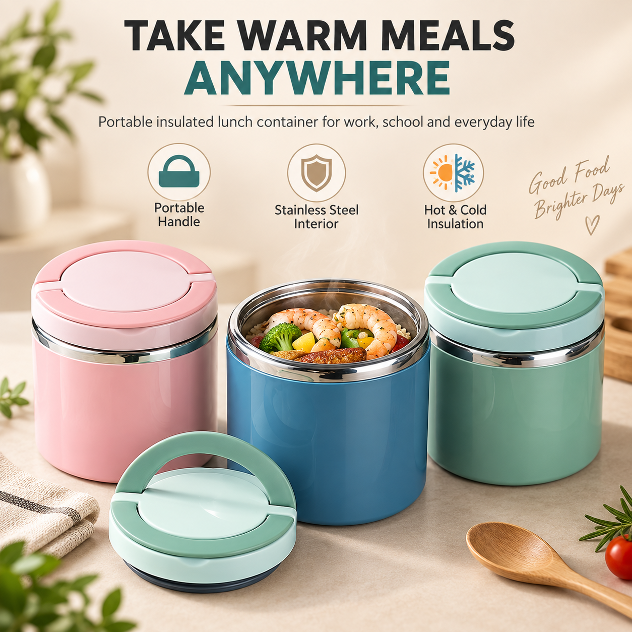 Insulated Stainless Steel Lunch Container with Carry Handle – Leak-Resistant Thermal Food Jar