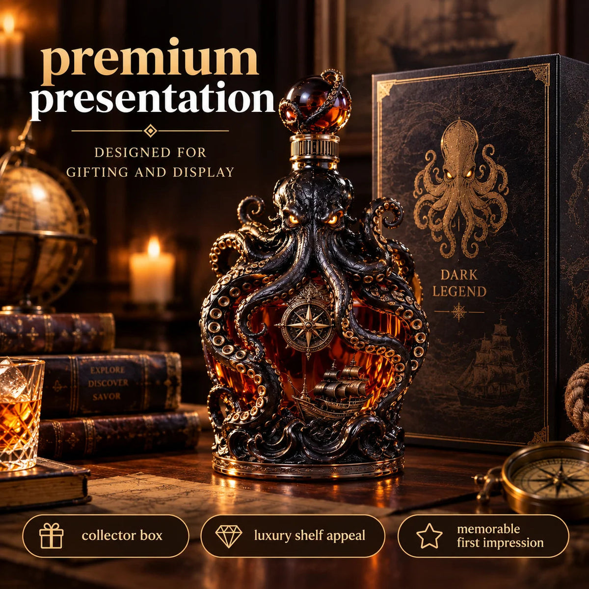 🔥LAST DAY 49% OFF -🐙kraken Voyage Octopus Whiskey Decanter | Gothic Nautical Bar Centerpiece