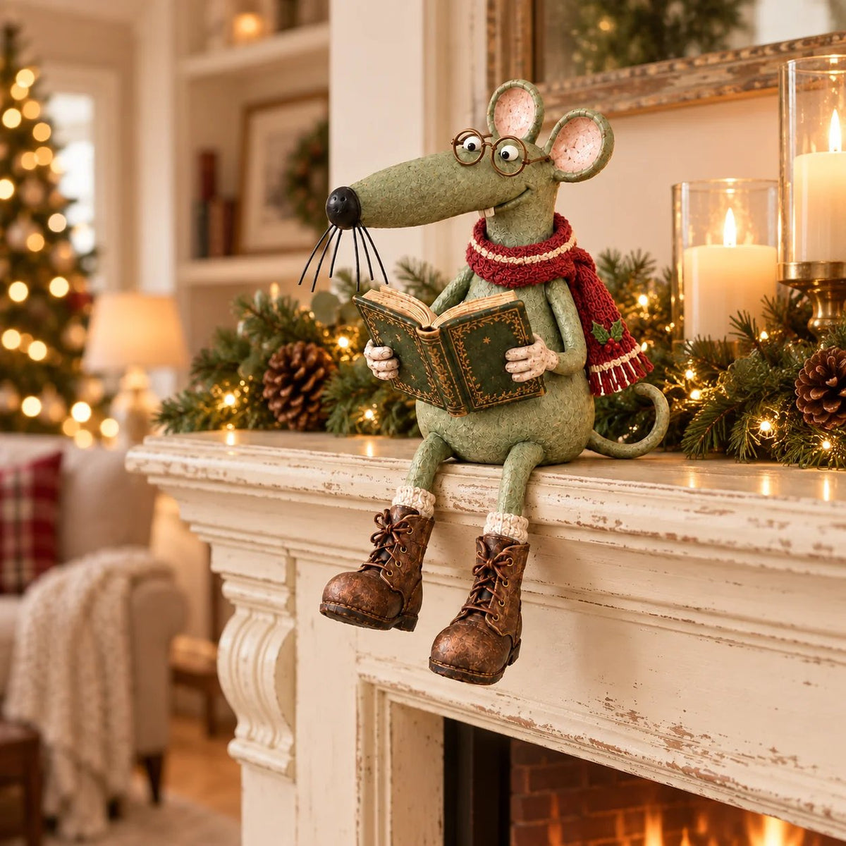 🐭📚 Whimsical Reading Mouse Shelf Sitter – Vintage Book Lover Figurine & Cozy Home Décor