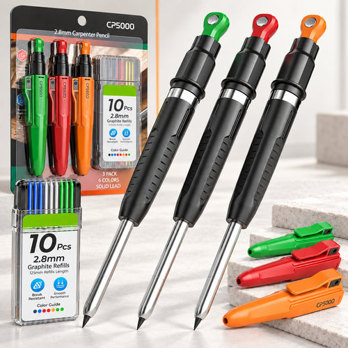 ✏️7-in-1 Magnetic Mechanical Pencil Set | 3-Pack Assorted Colors with 30 Graphite Refills | Sharpener & Protective Sleeve | Bullet Tip for Construction & Woodworking Marking