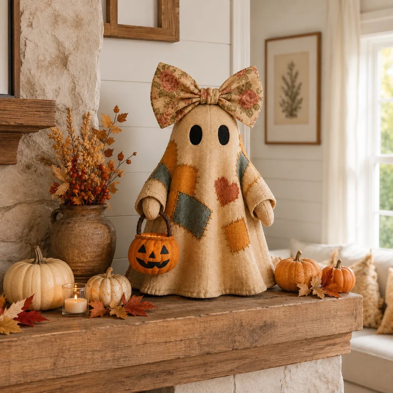 🍂 Vintage Patchwork Light-Up Ghost with Glowing Pumpkin Pail