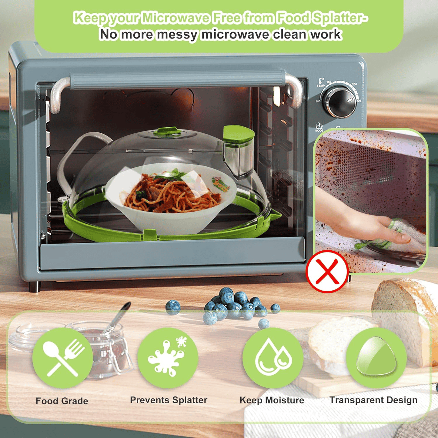 10" Clear Microwave Splatter Cover: Built-in Water Steamer & Steam Vent Lid