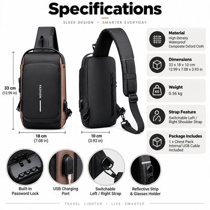 🔒 Anti-Theft Smart Sling Bag | Built-in USB Charging & Secure Combination Lock