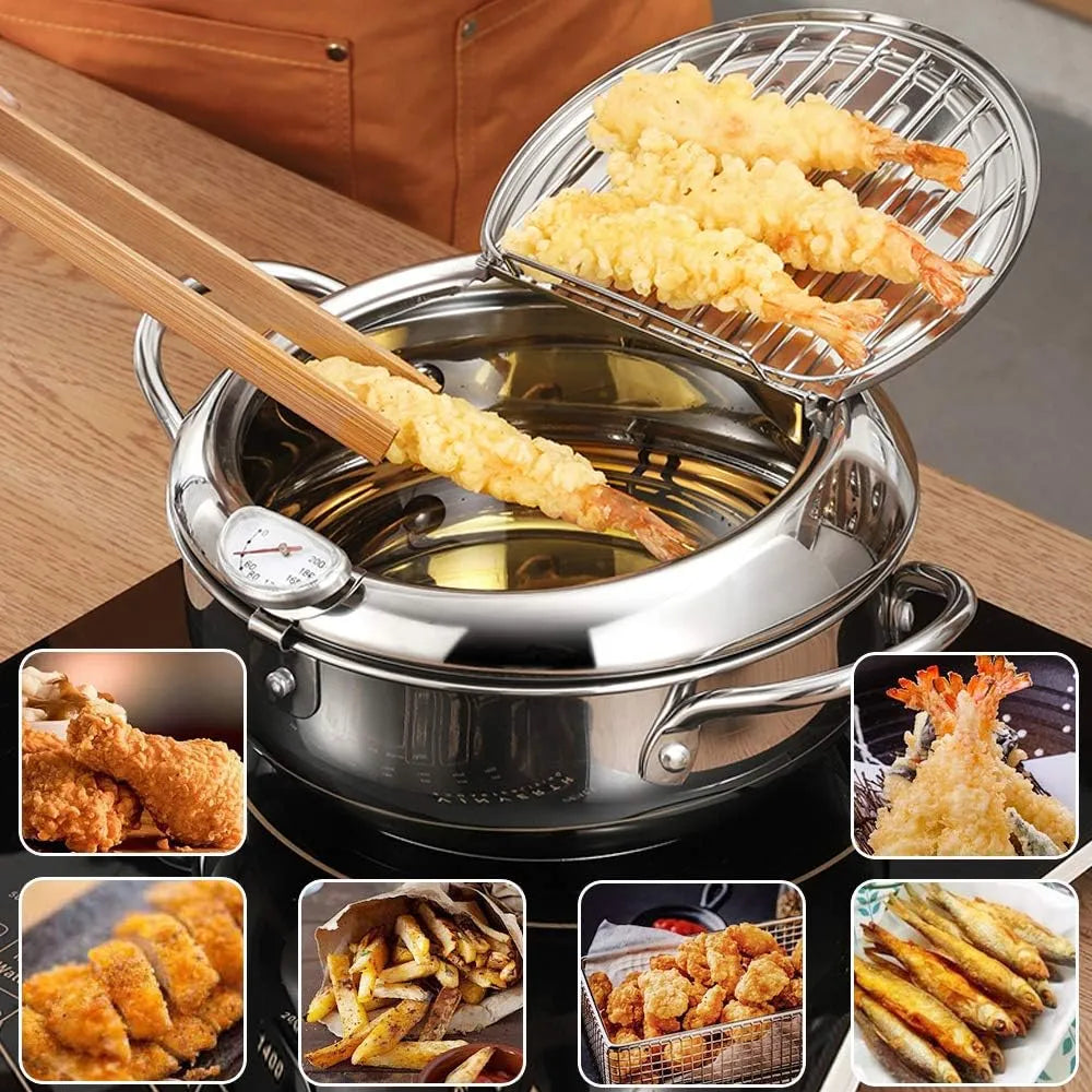 🍤Deep Fryer Pot with Oil Drop Tray Basket and Oil Thermometer, 304 Stainless Steel, Japanese-Style