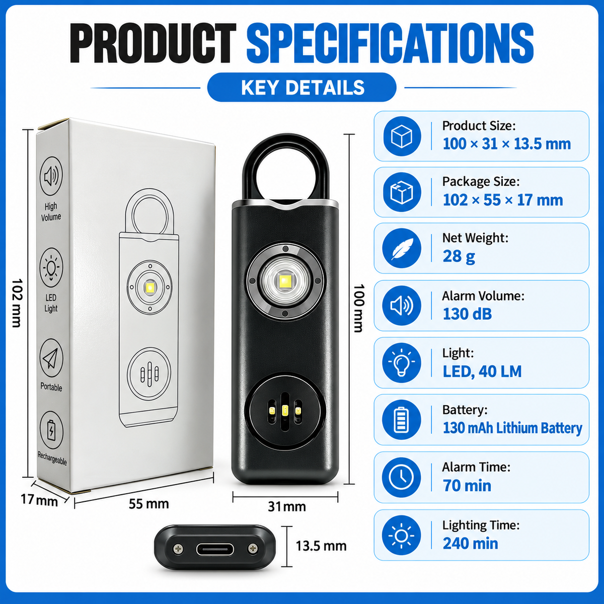 🚨 130dB Personal Safety Alarm 🔦 Rechargeable LED Emergency Alarm Keychain