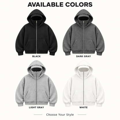 Full Zip Face Mask Hoodie - Premium Fleece Lined Hooded Sweatshirt, Trendy Y2K Streetwear Jacket for Spring & Fall 🧥