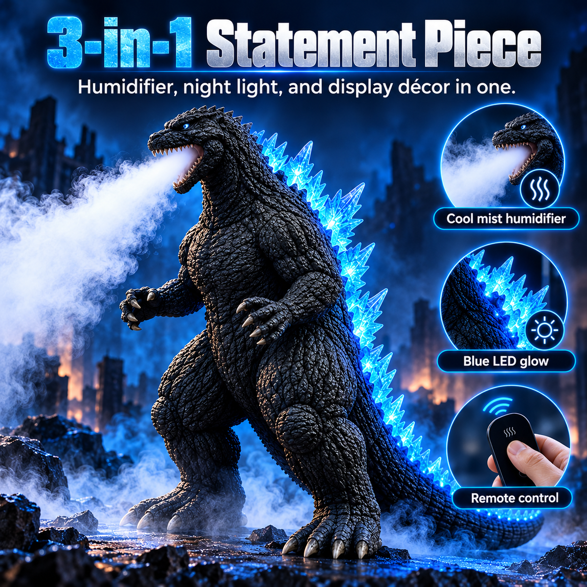 🌊💙 Kaiju Mist Diffuser Humidifier – Cool Mist, Blue LED Glow & Remote Control