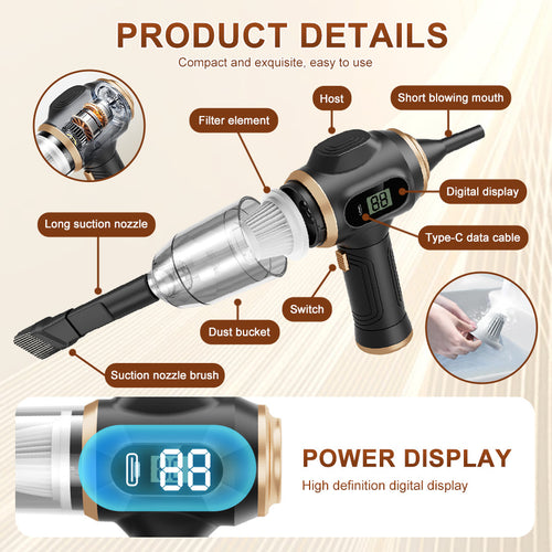 15kPa Car Vacuum, Handheld Vacuum Cordless with Blow & Suction, Heavy-Duty Cordless Vacuum Cleaners for Car Detailing, Pet Hair and Office, Portable Cordless Vacuum Cleaner with Washable Filter