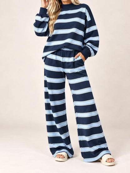 🔥Women’s Striped Mock Neck Long-Sleeve Top & Wide-Leg Pants Set