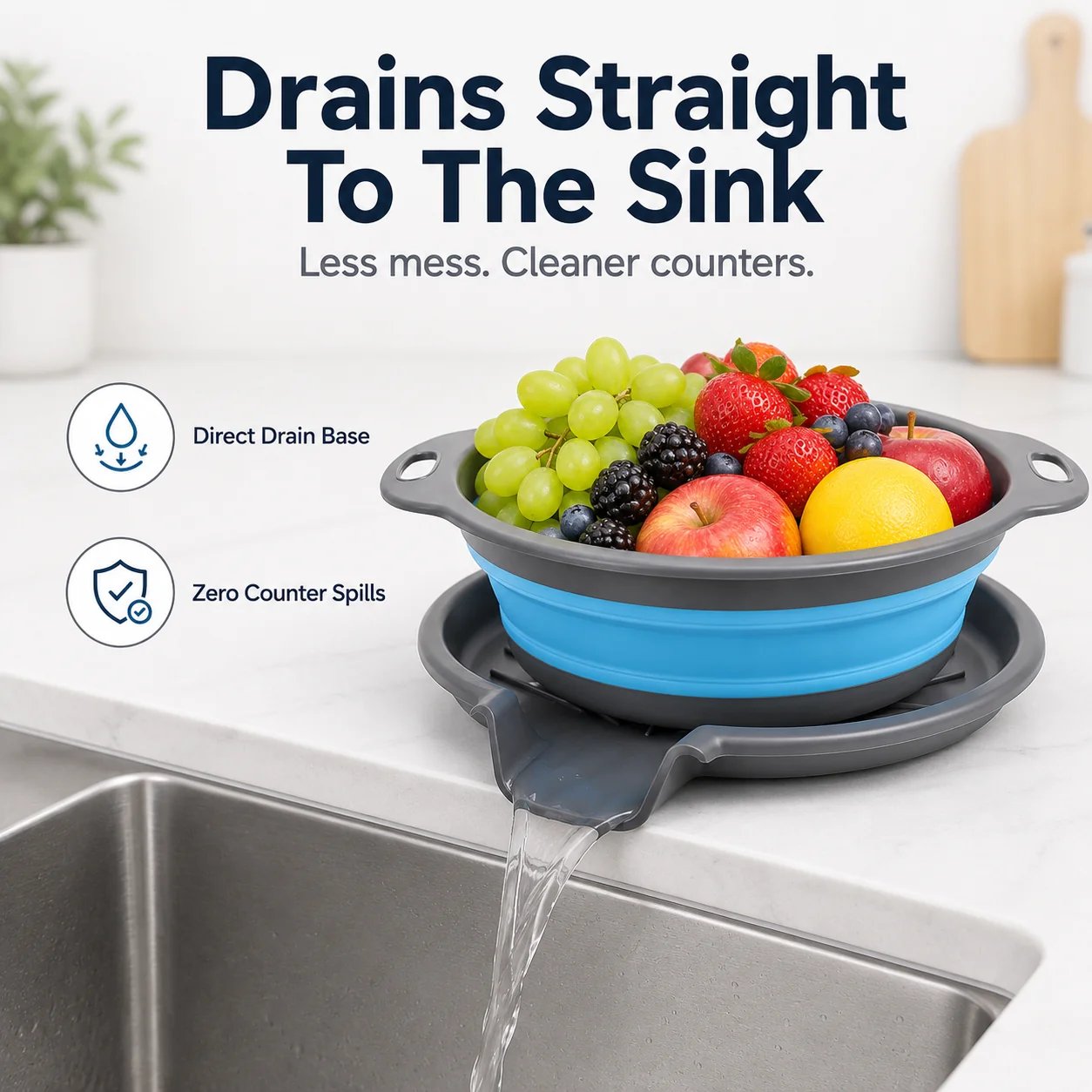 Collapsible Colander Set of 3 – Space-Saving Strainers with Draining Base | Small Medium Large
