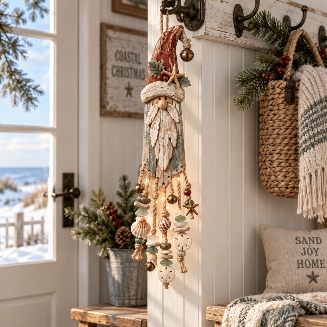 Vintage Coastal Santa Lighted Wall Decor – Beach House Christmas Hanging with Starfish, Shells & Warm Glow