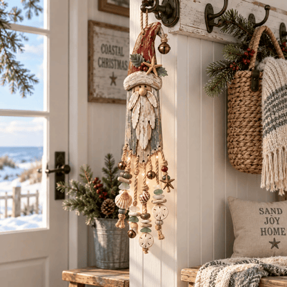 Vintage Coastal Santa Lighted Wall Decor – Beach House Christmas Hanging with Starfish, Shells & Warm Glow