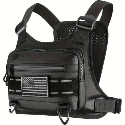 Black Unisex Tactical Chest Vest - Gorpcore Accessory with American Flag Patch, Ample Space