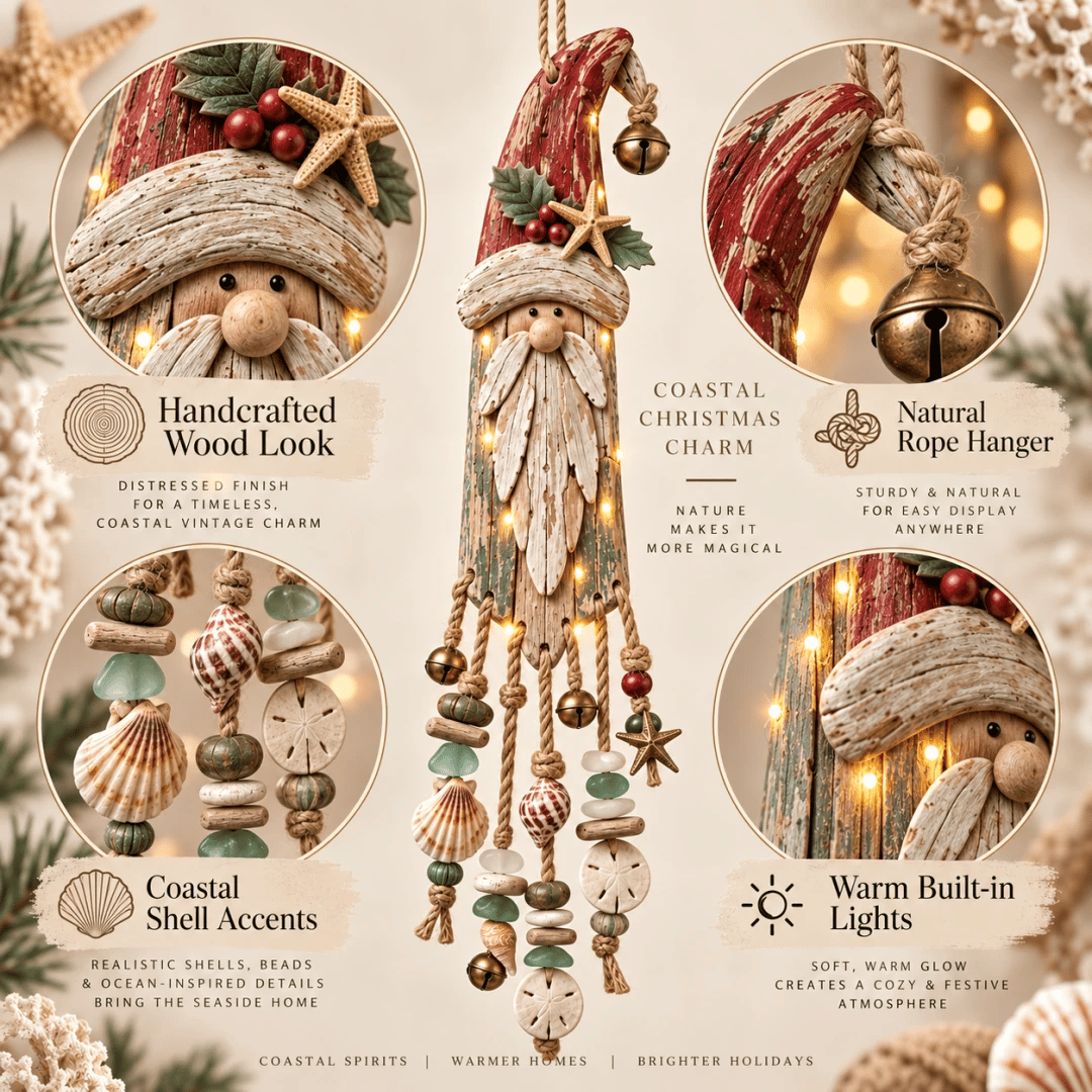 Vintage Coastal Santa Lighted Wall Decor – Beach House Christmas Hanging with Starfish, Shells & Warm Glow