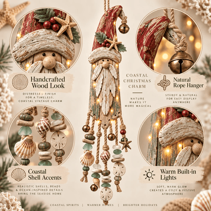 Vintage Coastal Santa Lighted Wall Decor – Beach House Christmas Hanging with Starfish, Shells & Warm Glow