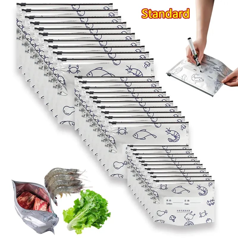 Reusable Aluminum Foil Sealable Storage Bags, 2025 New Resealable Vacuum Zipper Pouches for Food, Stand Up Foil Sealable Bags with Label and Zip Lock for Vegetable Fruit Meat