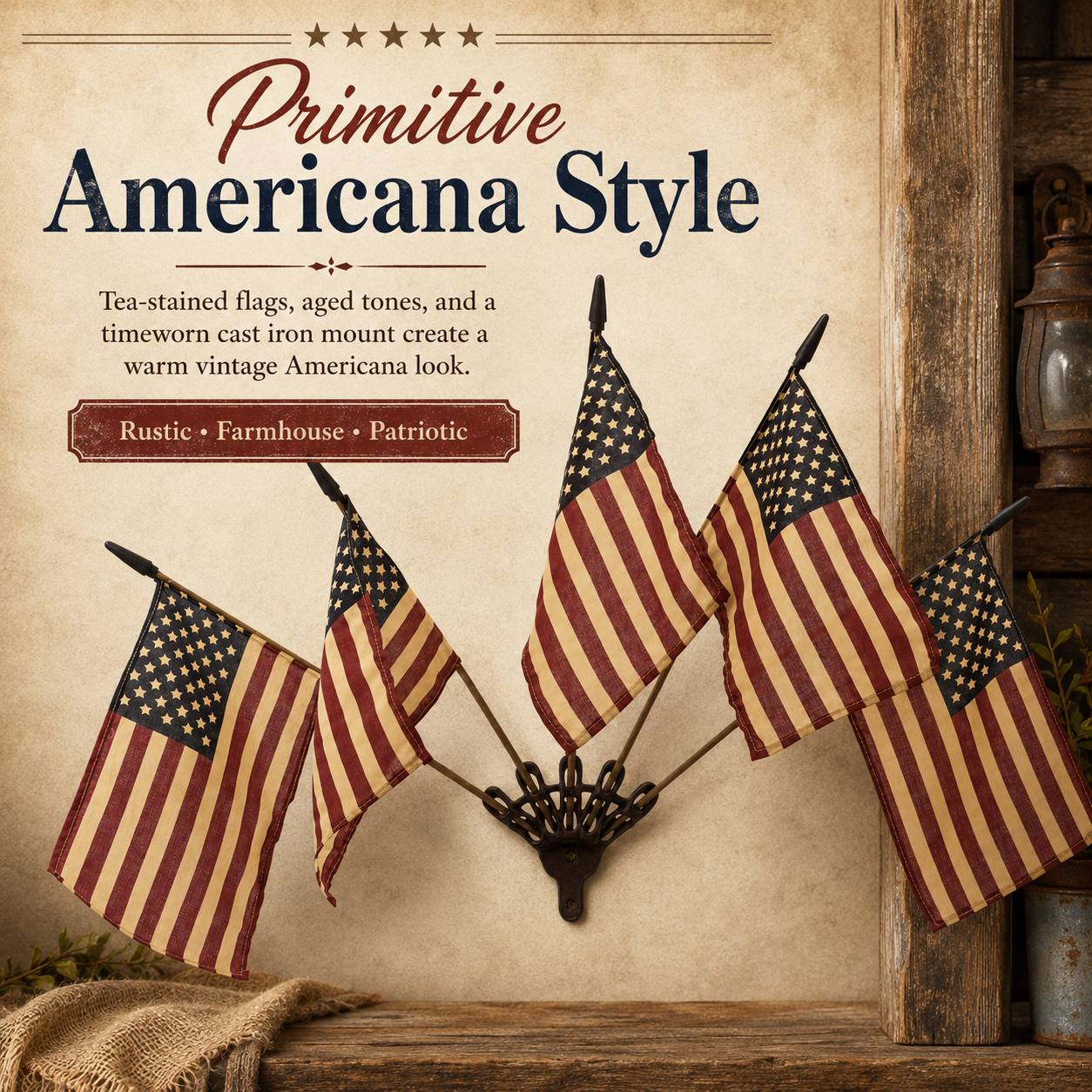 🦅⭐Vintage Tea-Stained 5-Flag Fan Cast Iron Wall Decor | 🔥Classic Americana Rustic Patriotic Wall Hanging 🇺🇸