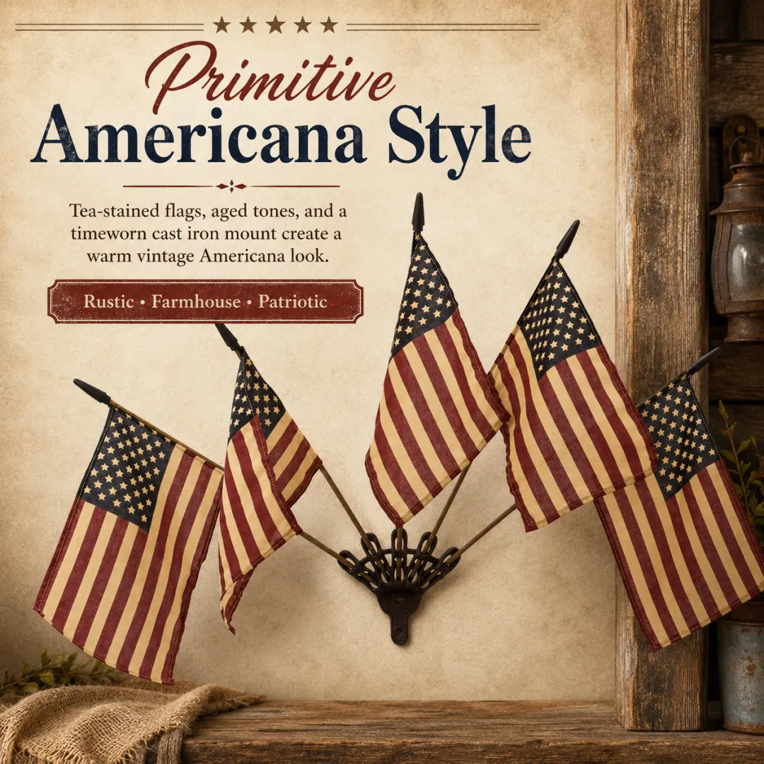 Five Tea-Stained Flags In A Rustic Cast Iron Wall Display