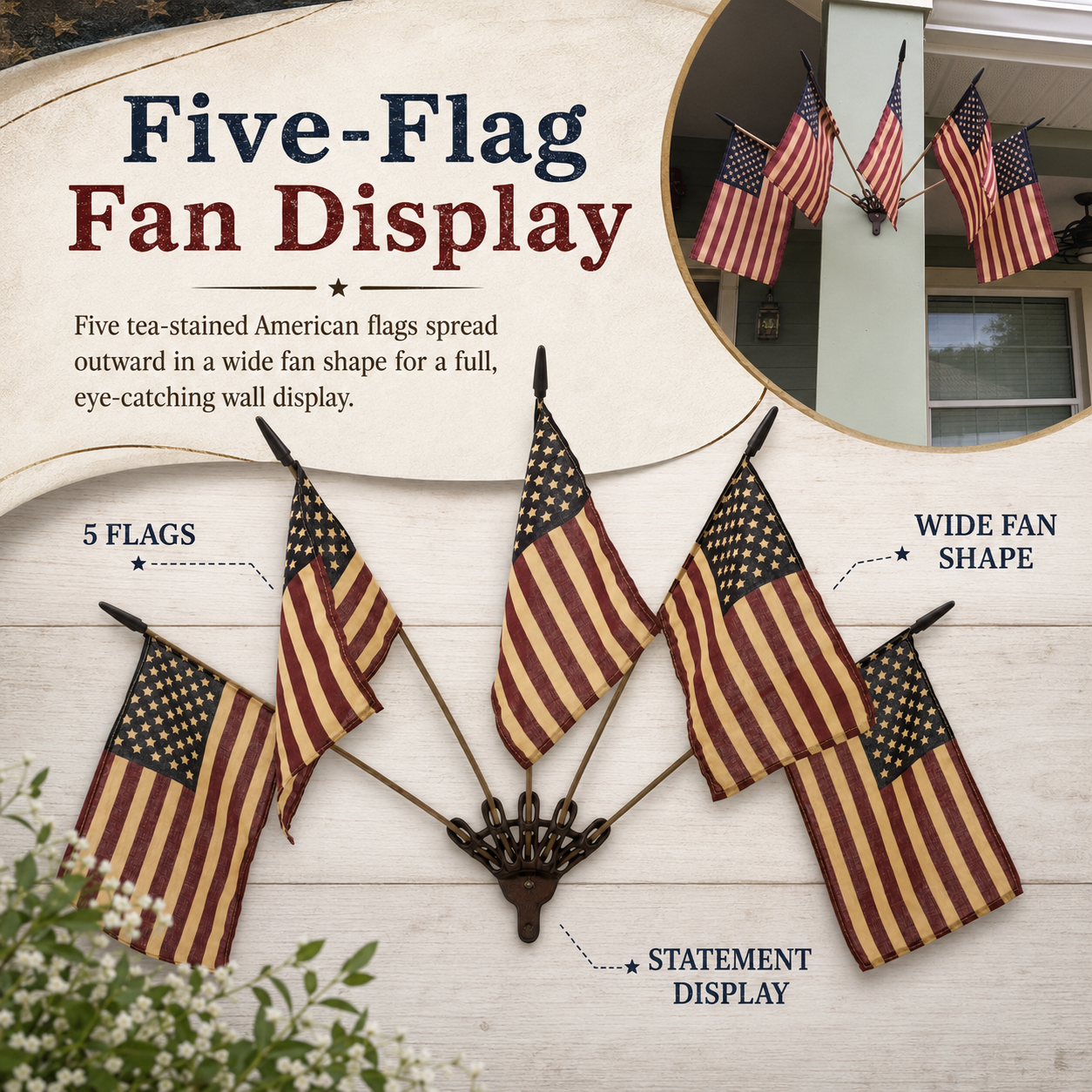 🦅⭐Vintage Tea-Stained 5-Flag Fan Cast Iron Wall Decor | 🔥Classic Americana Rustic Patriotic Wall Hanging 🇺🇸