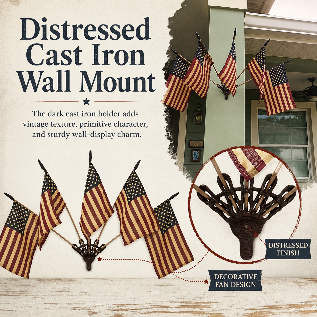 🦅⭐Vintage Tea-Stained 5-Flag Fan Cast Iron Wall Decor | 🔥Classic Americana Rustic Patriotic Wall Hanging 🇺🇸
