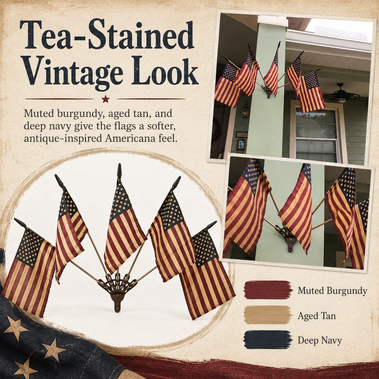 🦅⭐Vintage Tea-Stained 5-Flag Fan Cast Iron Wall Decor | 🔥Classic Americana Rustic Patriotic Wall Hanging 🇺🇸