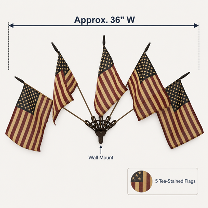 🦅⭐Vintage Tea-Stained 5-Flag Fan Cast Iron Wall Decor | 🔥Classic Americana Rustic Patriotic Wall Hanging 🇺🇸