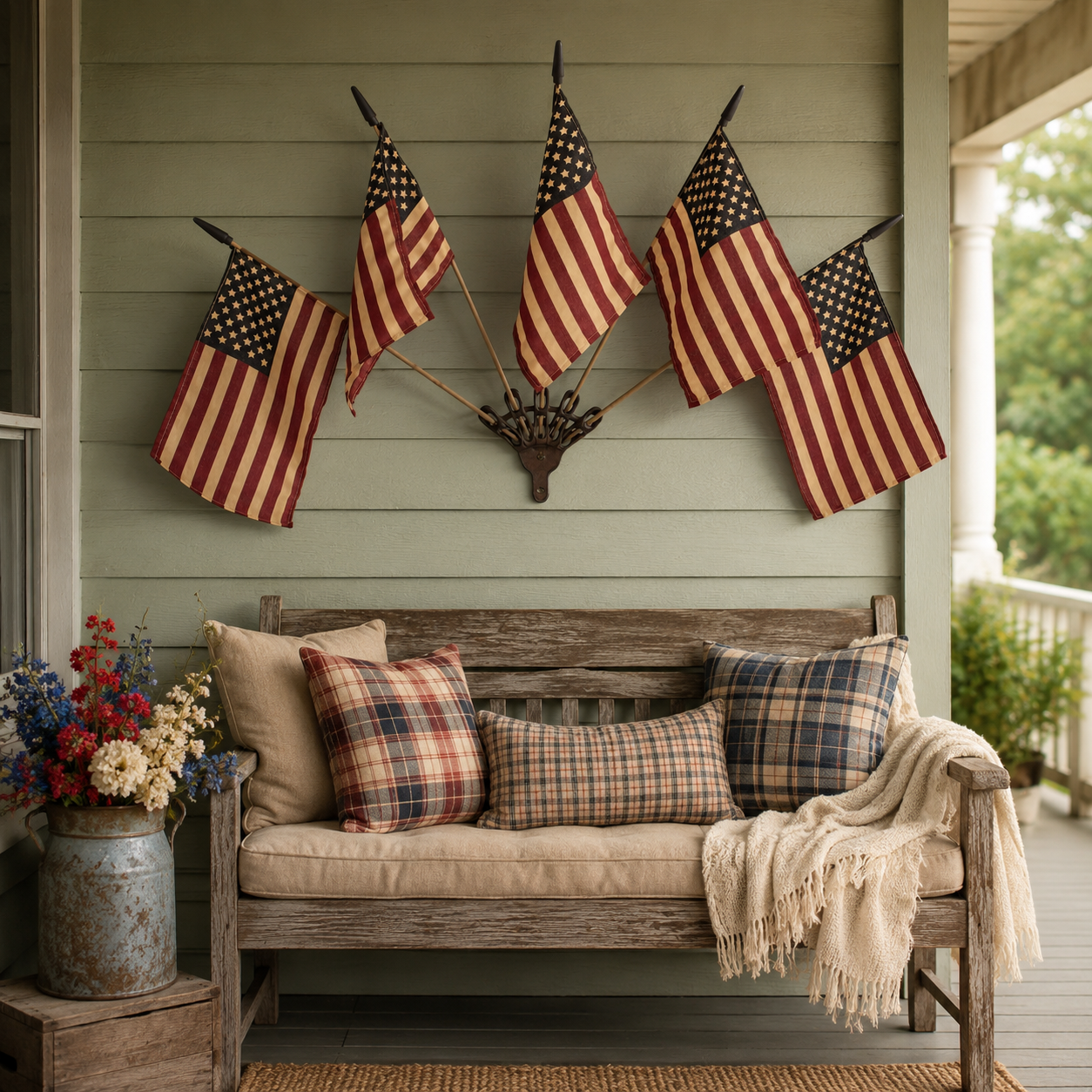 🦅⭐Vintage Tea-Stained 5-Flag Fan Cast Iron Wall Decor | 🔥Classic Americana Rustic Patriotic Wall Hanging 🇺🇸